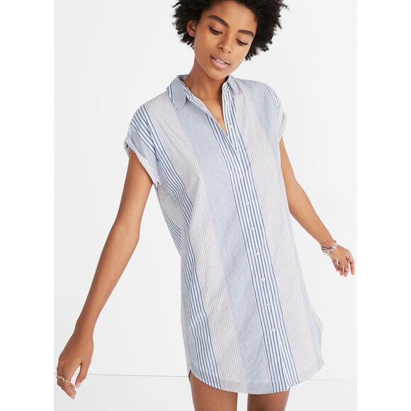 Madewell Central Shirtdress Rawley Stripe Tulum Blue Size Medium Excellent - Picture 1 of 11
